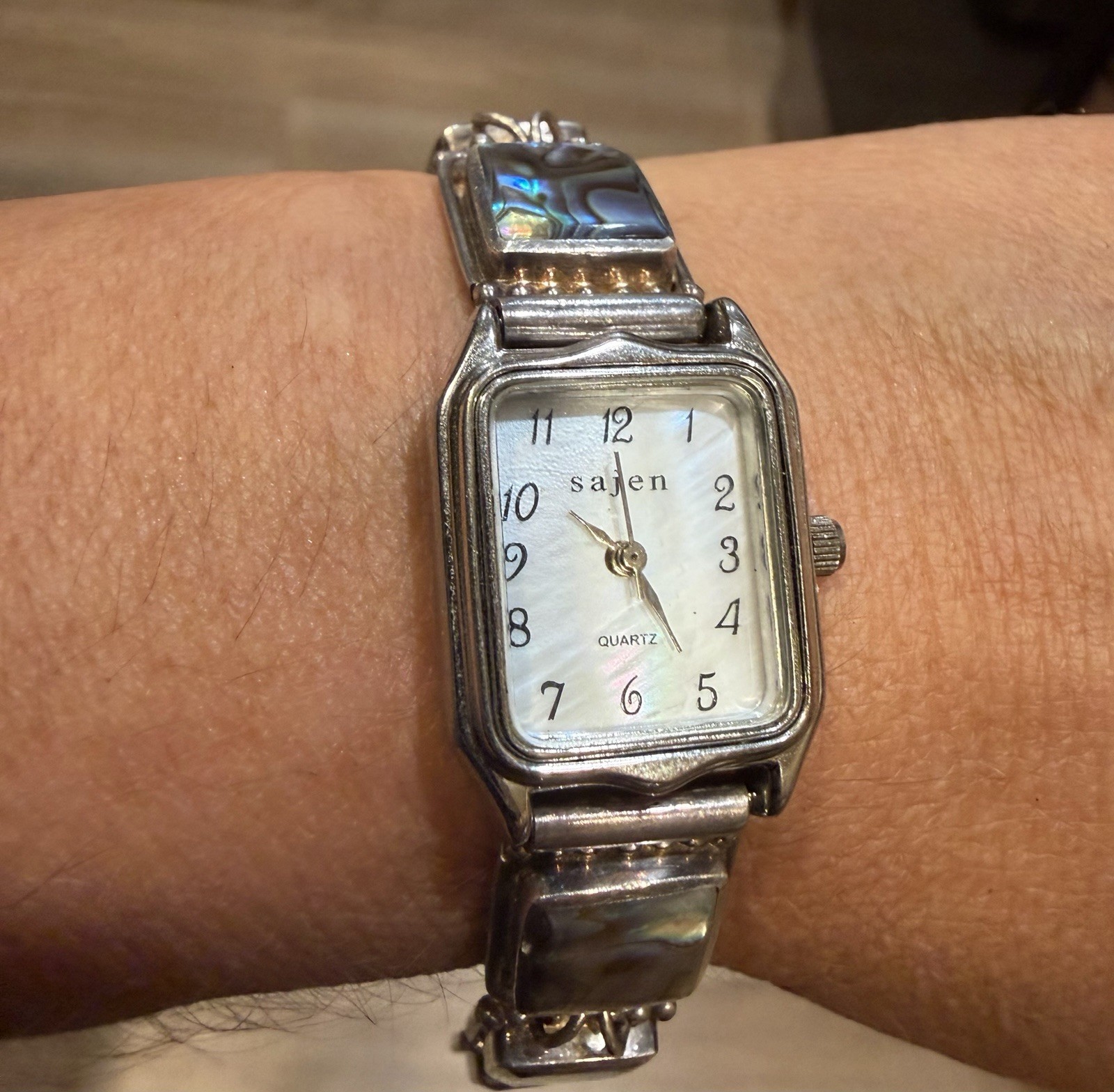 Sajen Quartz Abalone Link Bracelet Watch 925 Silver Rectangle White Dial