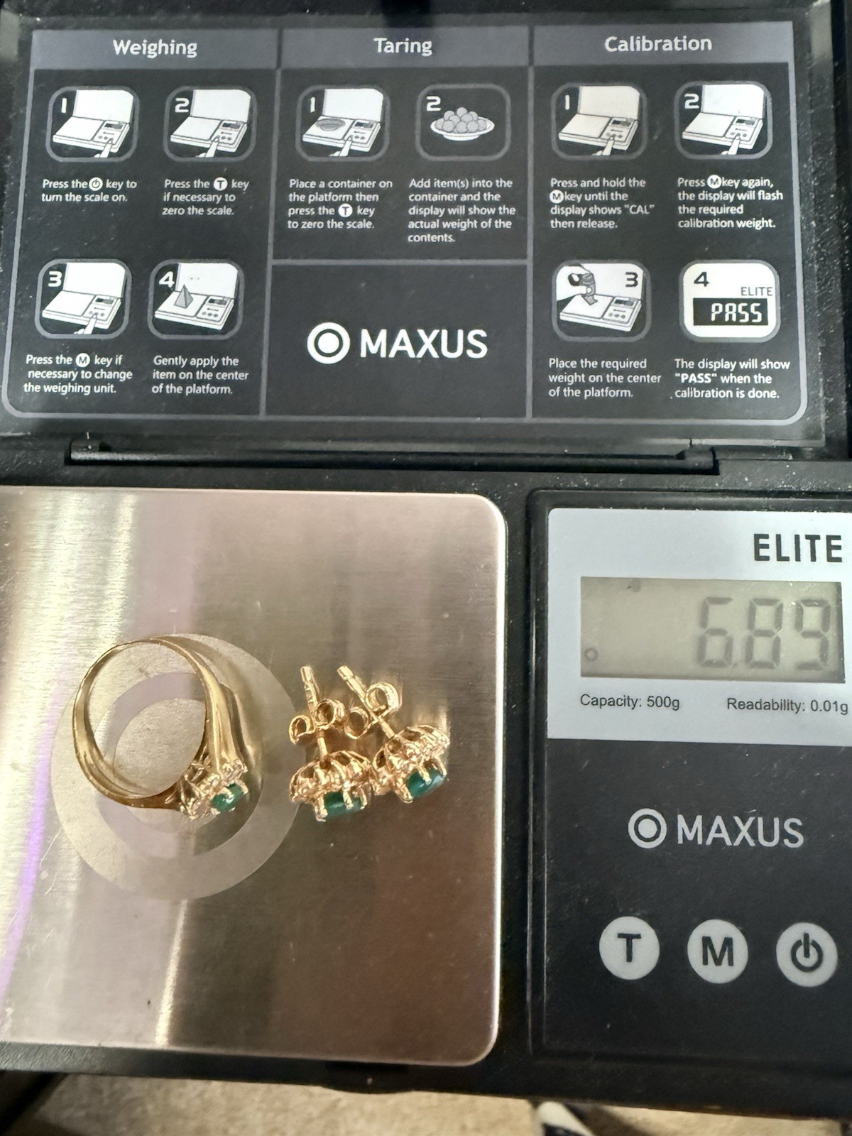 Vintage 18K Gold Emerald Ring & Earrings Set Sz 6.5 Estate Jewelry