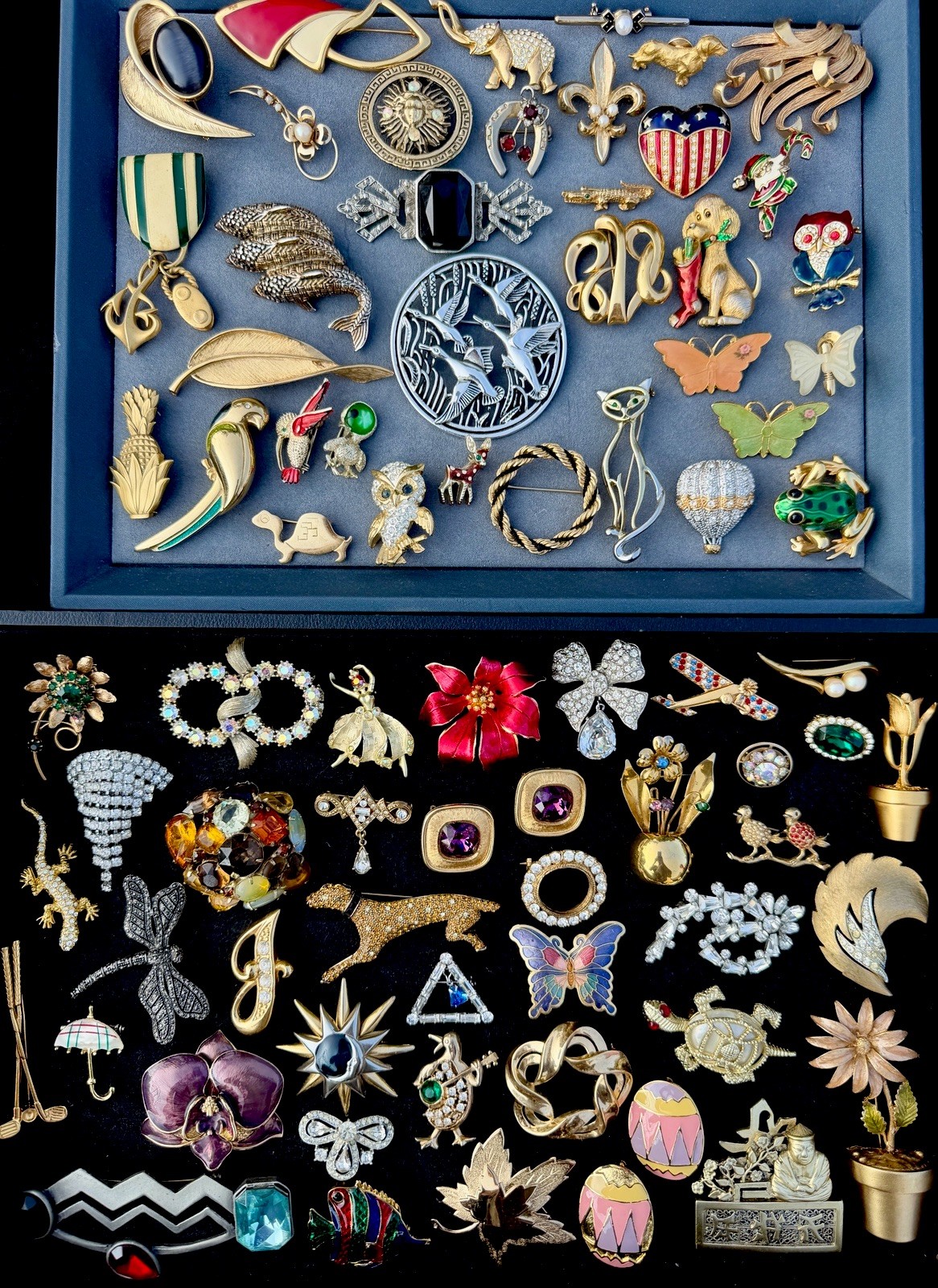 Vintage Large Brooch Pin Lot Rhinestone Enamel Colorful Signed Unsigned Mix 77p