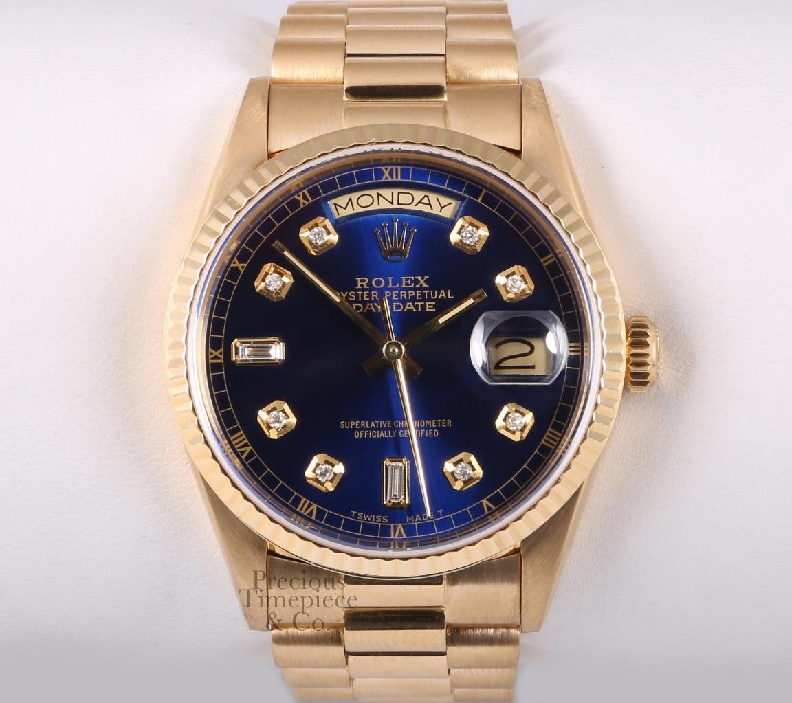 Rolex Day-Date 36mm 18038 President 18K Yellow Gold Fluted, Blue Diamond Dial