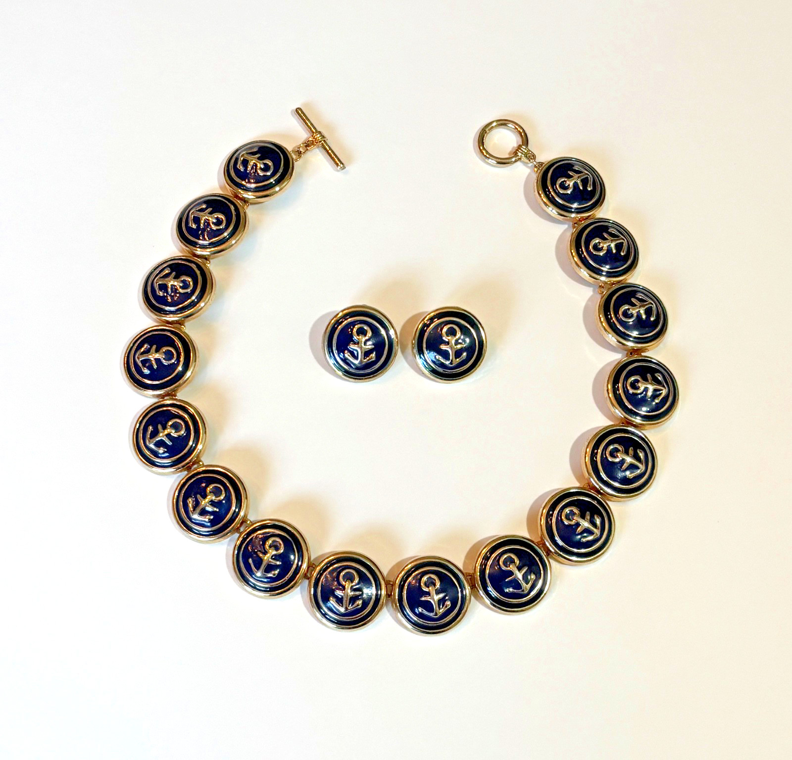 VTG Navy Blue Enamel Nautical Anchor Choker Necklace & Pierced Earrings Sailing