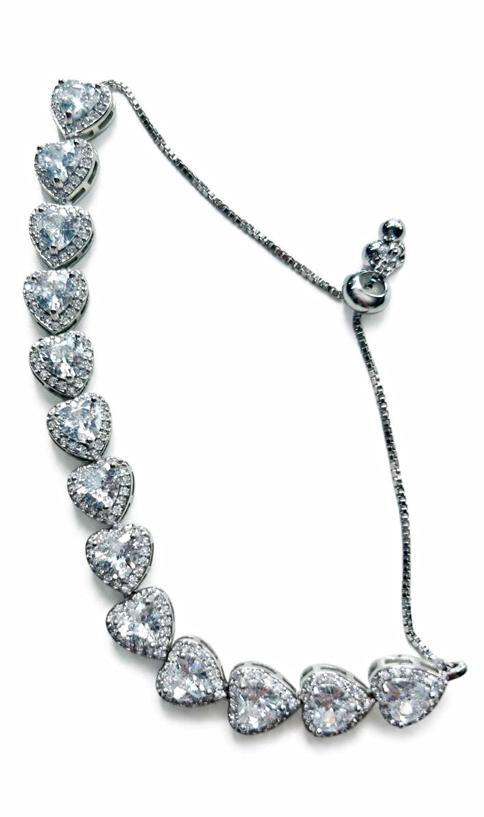 Beautiful Tennis Bracelet 13 Silver Heart White Crystal Adjustable Bracelet