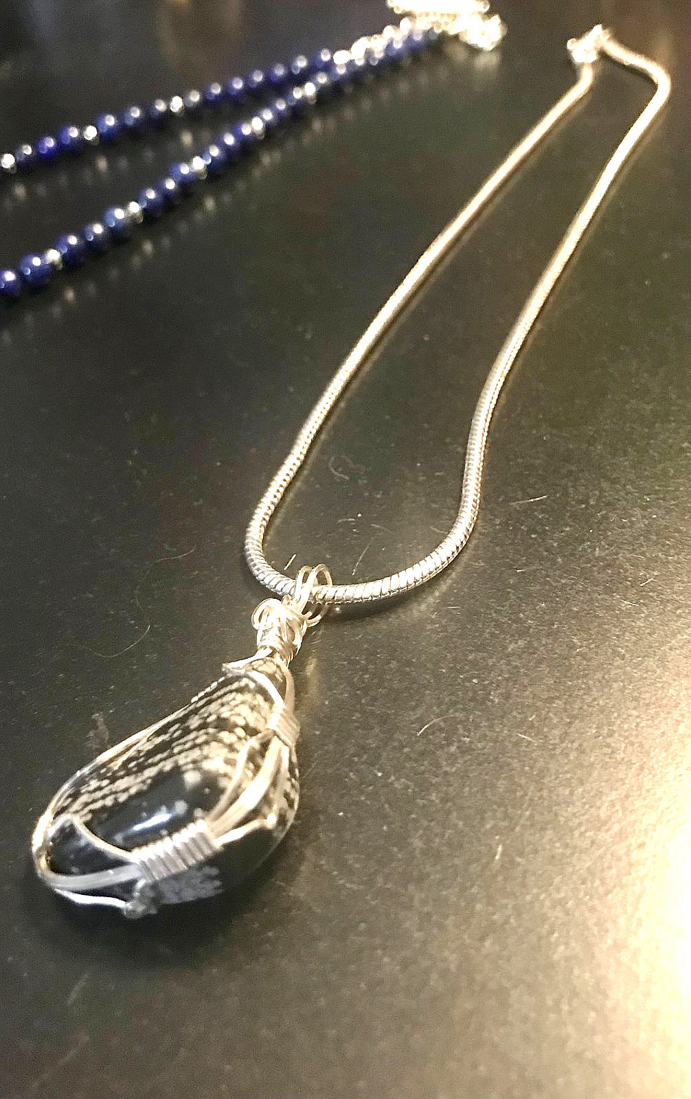 Obsidian Balance Grounding Pendant Necklace Sterling Snake Chain 18”