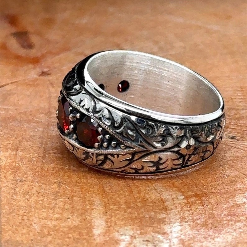925 Silver Handmade Engraved Red Zircon Stone Ring
