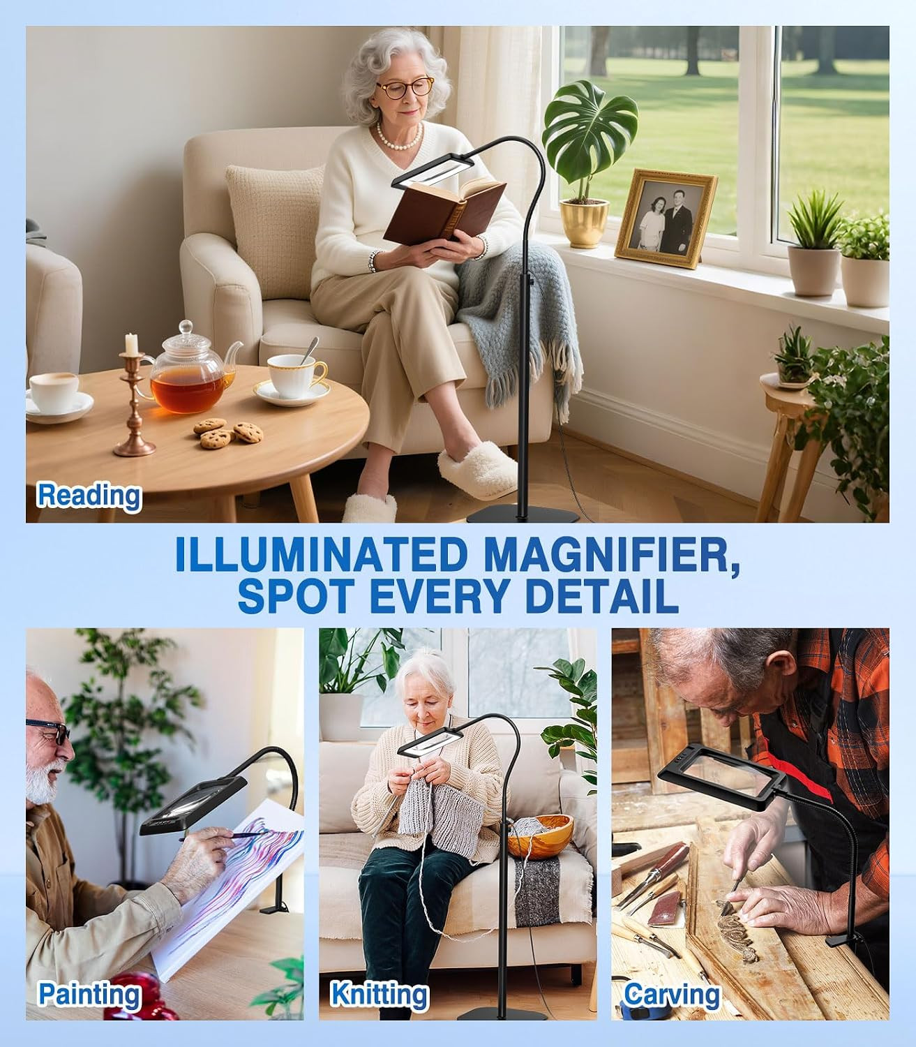 10X Large Floor Magnifying Glass with Light and Stand,Flexible Gooseneck Floor M