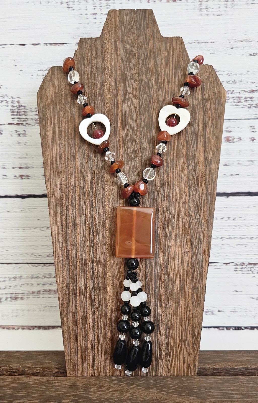 Artisan Boho Statement Necklace Orange Black White Heart Beaded 23″ No Clasp