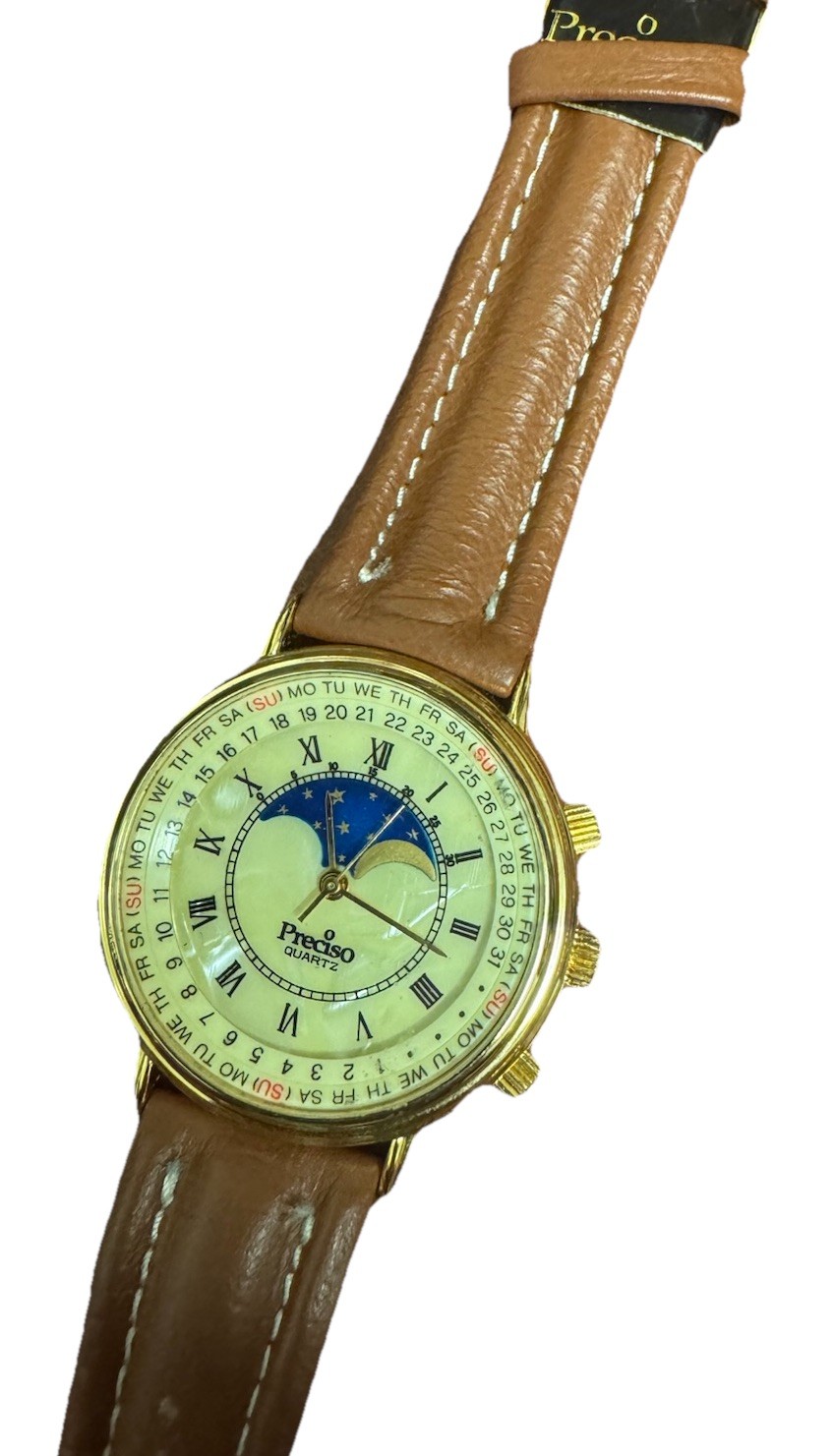 Preciso Quartz Calendar Moon Phase Quartz Watch Hour Unisex Mother of Pearl Dial