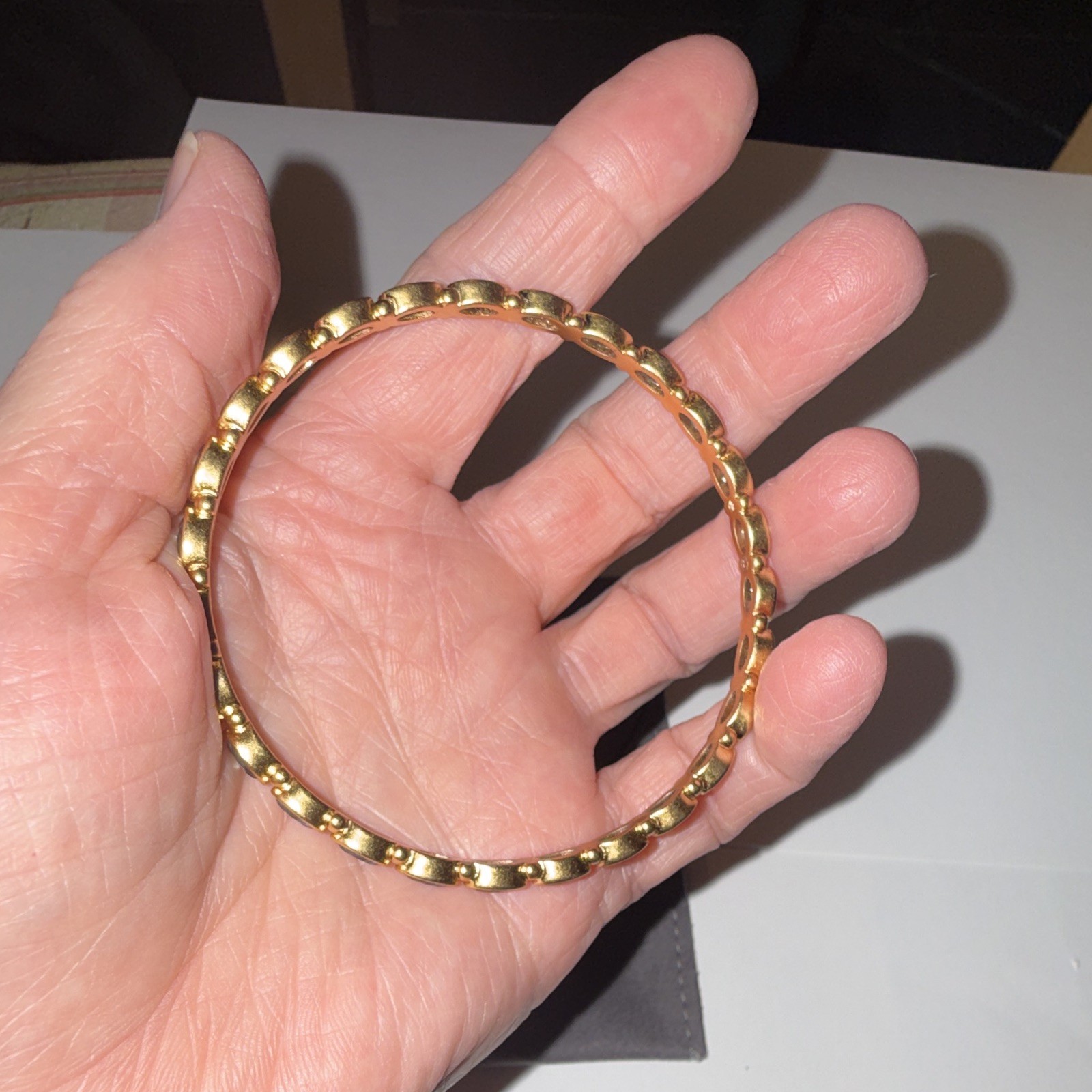 Julie Vos 24k Gold Overlay Bangle Bracelet Charcoal Blue Oval Stone