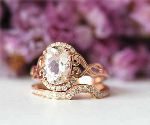 Bridal Set Guard Ring Oval Cut Simulated Peach Morganite In 14K Rose Gold Plated