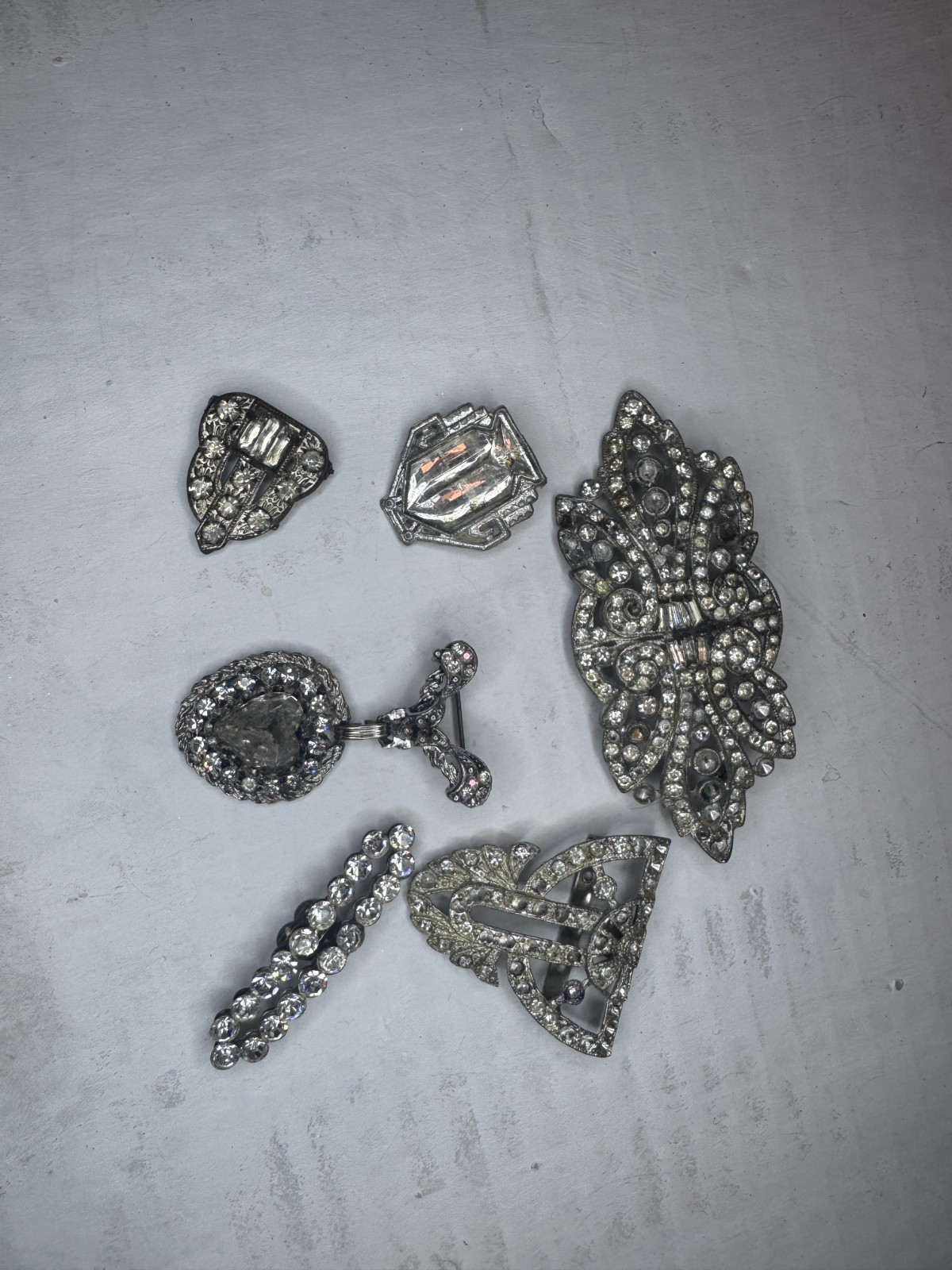 Vintage Art Deco Silver Tone Glass Rhinestone Pin Brooch Shoe Clip Plastic Lot