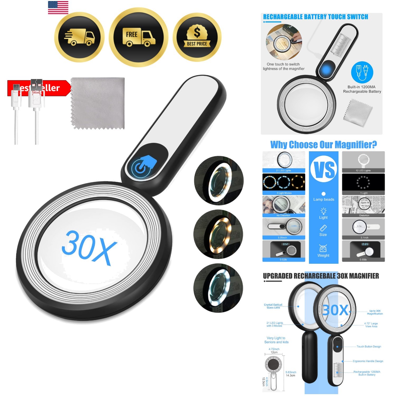 Rechargeable Magnifying Glass with Light, 30X 4.7IN Handheld Large Lightweigh…