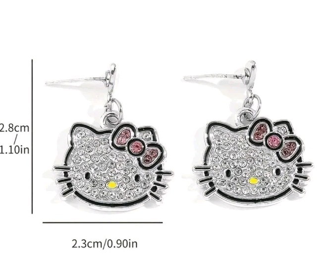 Rinestones Embellished Hello Kitty Stud Earrings, Silvertone, Dainty, Dangle