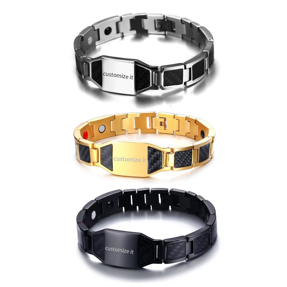 Men’s Biker Stainless Steel Carbon Fiber Magnetic Bracelet Chain Free Engraving