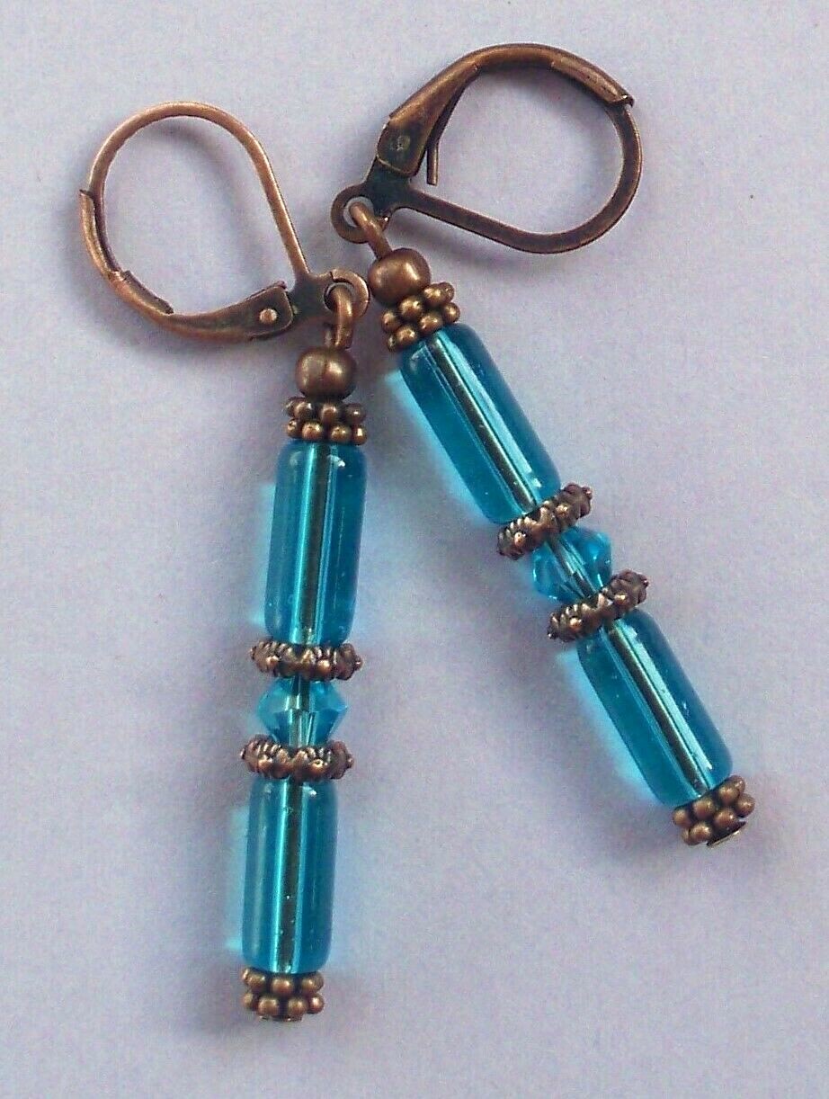 Aqua Royal Clear GLASS TUBES earrings COPPER earrings handcrafted CHOOSE XXS