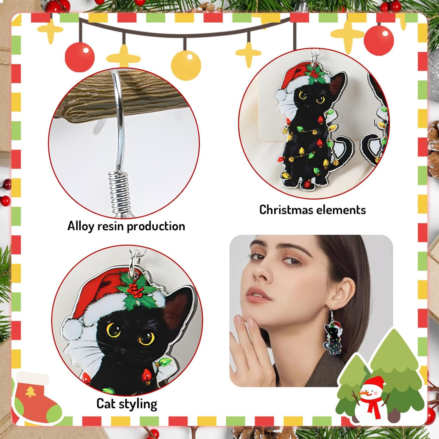 Pendientes Navidad Accesorios Mujer Colgantes Cascabel Gato Negro Calcetines