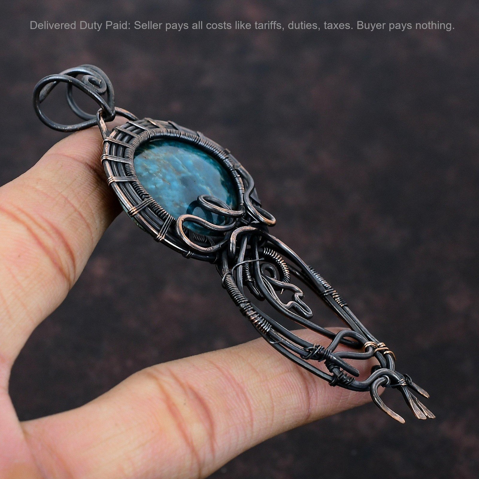Oval Neon Apatite Gemstone Birthday Wife Wire Wrapped New Pendant Jewelry Copper