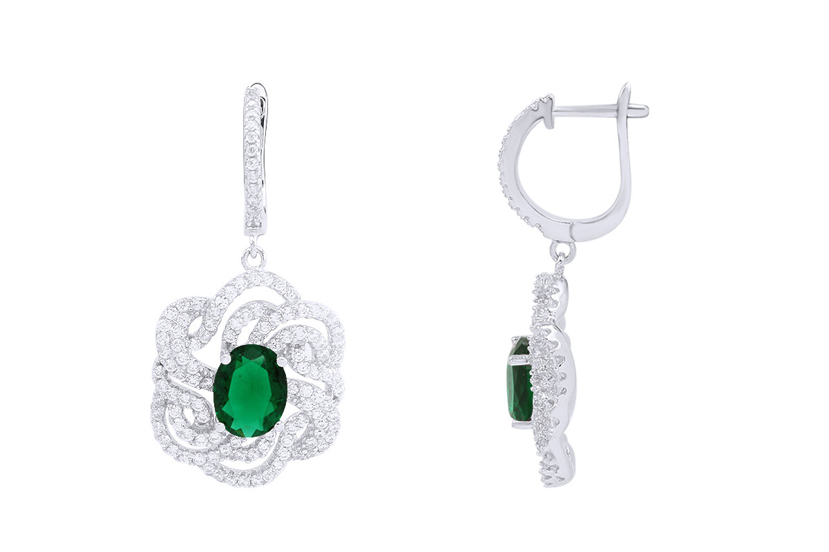 Emerald & CZ Flower Pendant Earrings Ring Set 14K White Gold Plated Silver