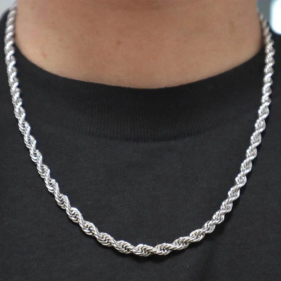 New Men’s Italian 4mm Diamond Cut Rope Chain Solid 925 Sterling Silver Necklace