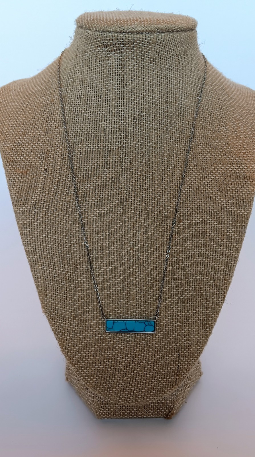 Signed Silvertone Turquoise Dyed Howlite Bar Charm Necklace 18-20 in