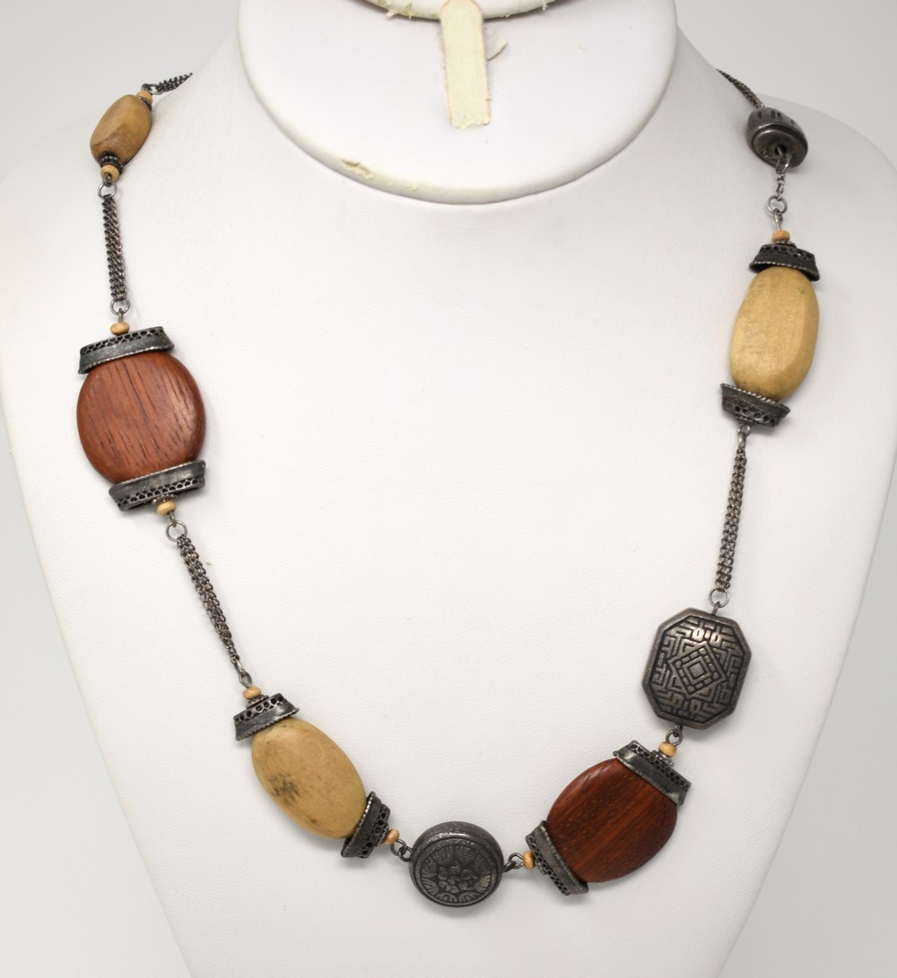 23″ Southeast Asia Gunmetal Embossed Bead & Wood Chain Necklace