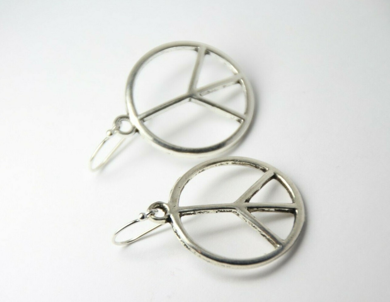 Peace Sign Charm Earrings Hippie 1960s 925 Sterling Silver Hooks Pewter Charms