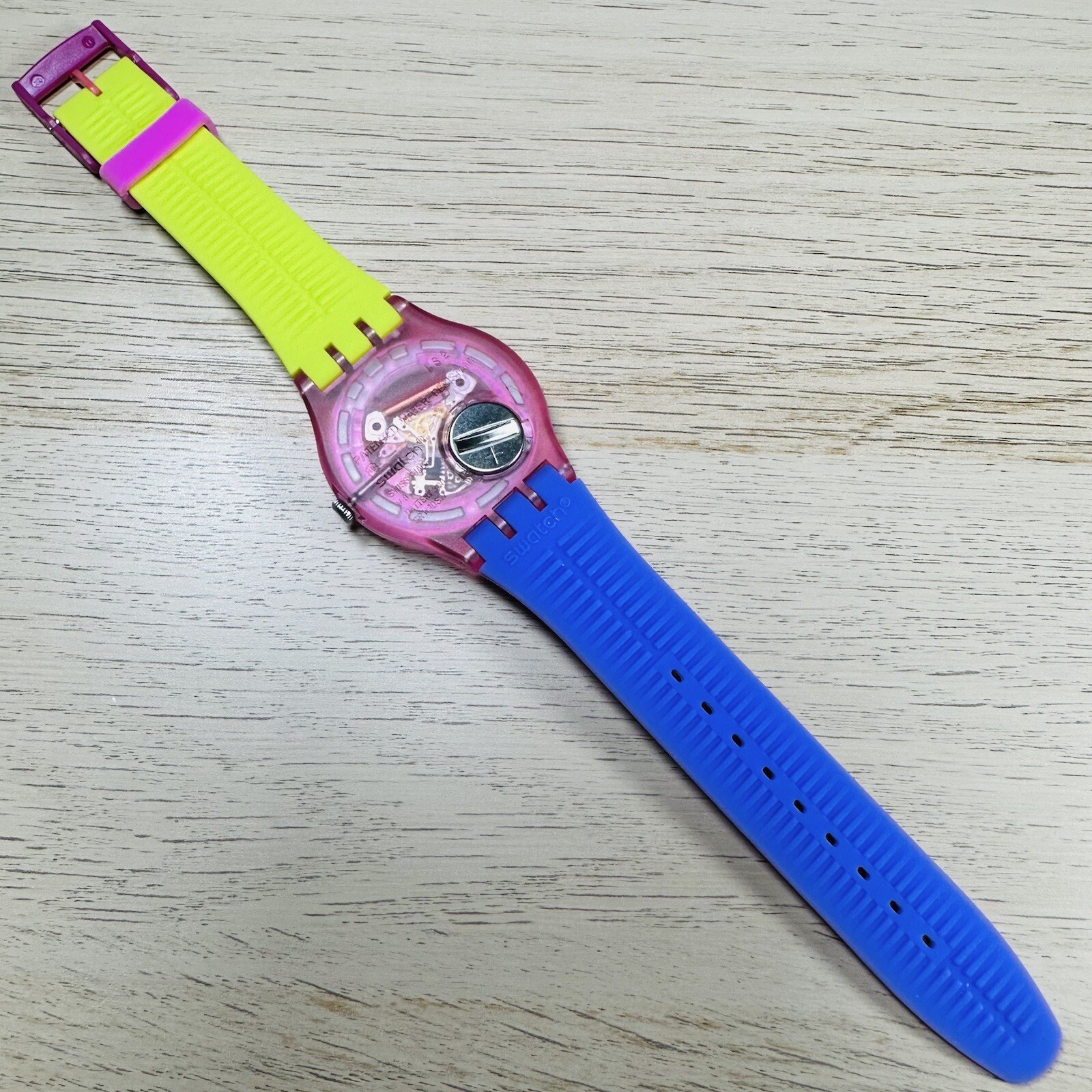 NEW✅ Swatch Dip In Color Orange Skeleton Dial Yellow and Purple Silicone Watch