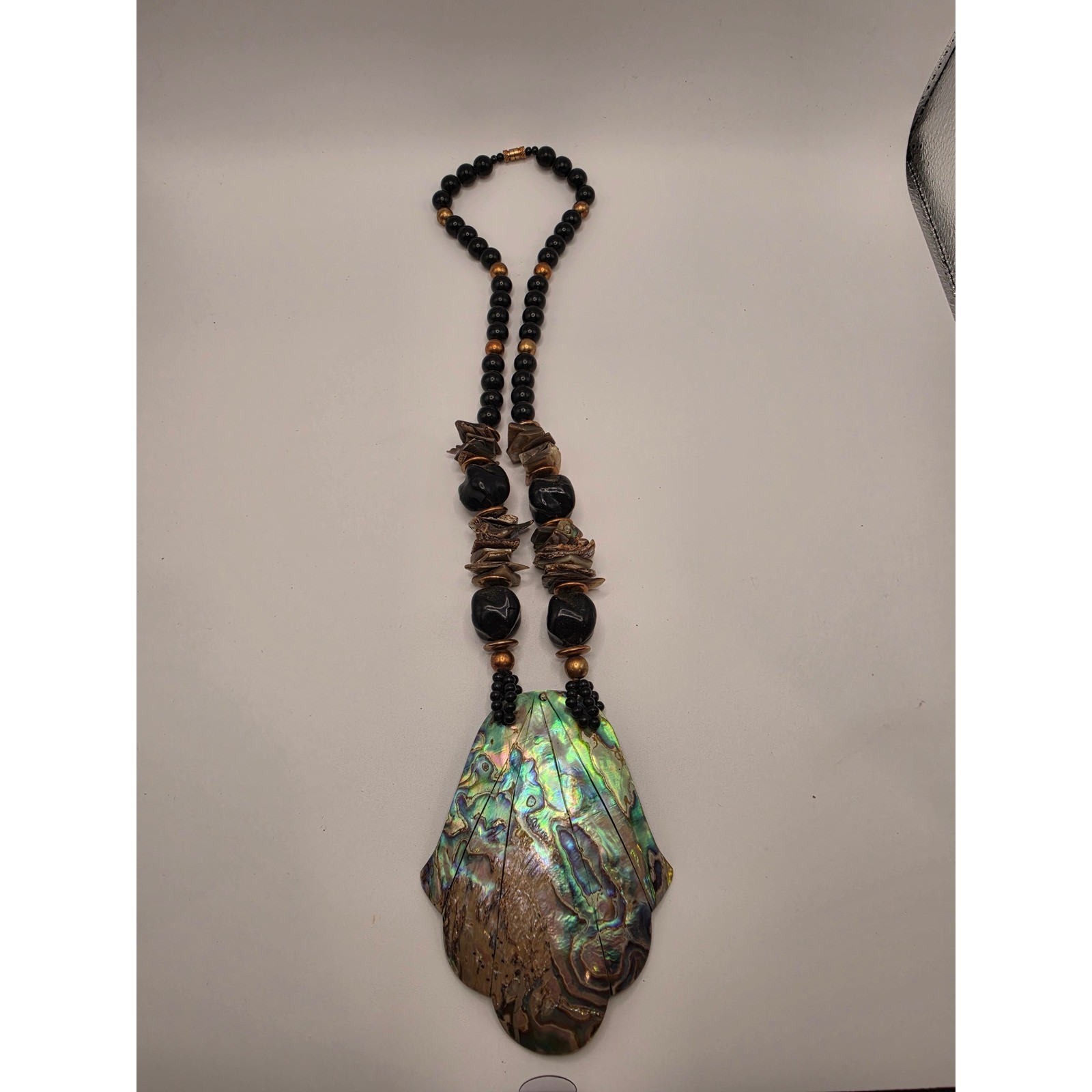 Large Abalone Shell Statement Necklace Iridescent Beaded Boho Coastal Jewelry