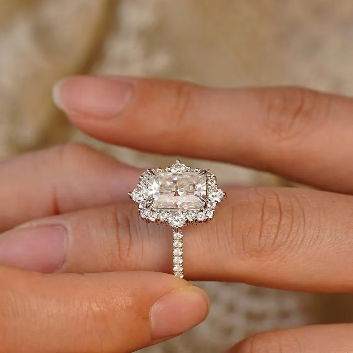 F/VVS1 Radiant Cut 2.50 CT Moissanite Halo Engagement Ring Solid 14K White Gold