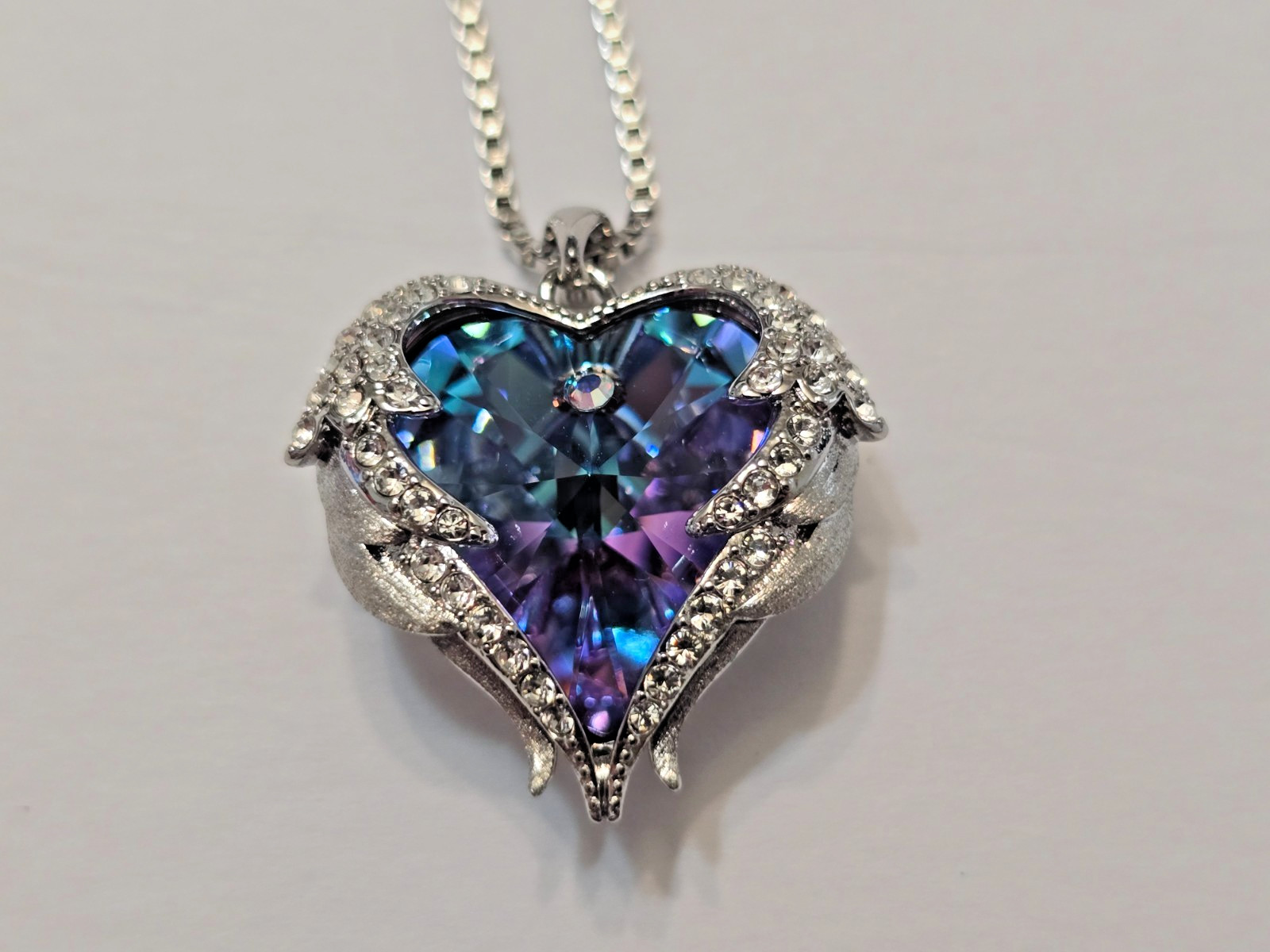 Angel Wings Blue Purple Crystal Heart Silver Tone Pendant Necklace