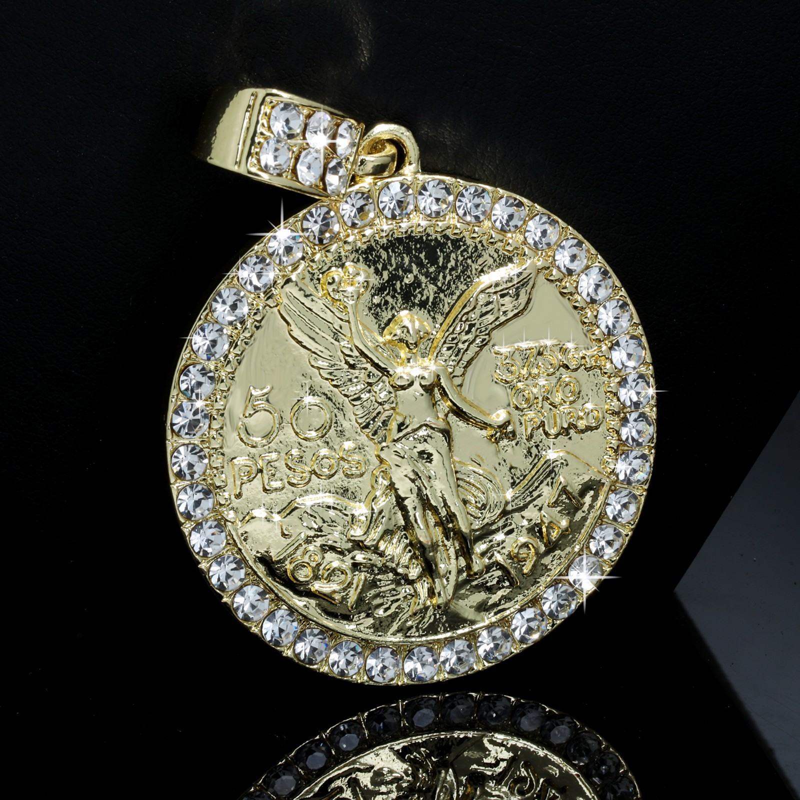 Centenario 50 Peso Pendant Iced Cubic Zirconia 4mm Rope Chain 14k Gold Plated CQ