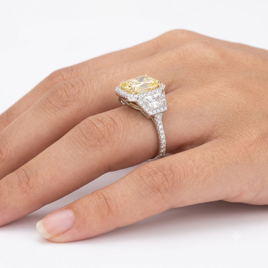 3.50Ct Radiant Fancy Vivid Yellow Lab Grown Diamond Ring 14K White Gold IGI