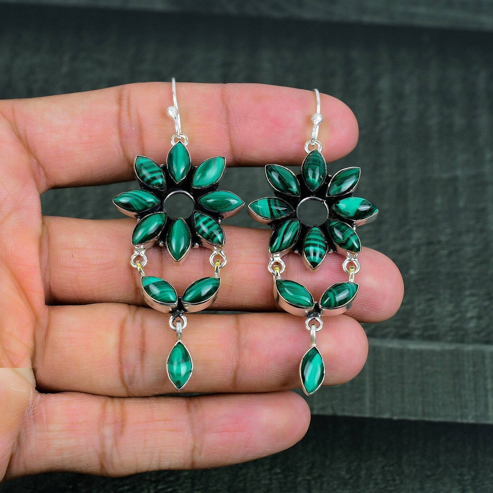 Malachite Gemstone Handmade 925 Sterling Silver Earrings Jewelry