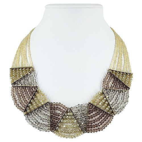 Vintage Multi-Strand Crystal Bib Necklace Gold Bronze Geometric Statement