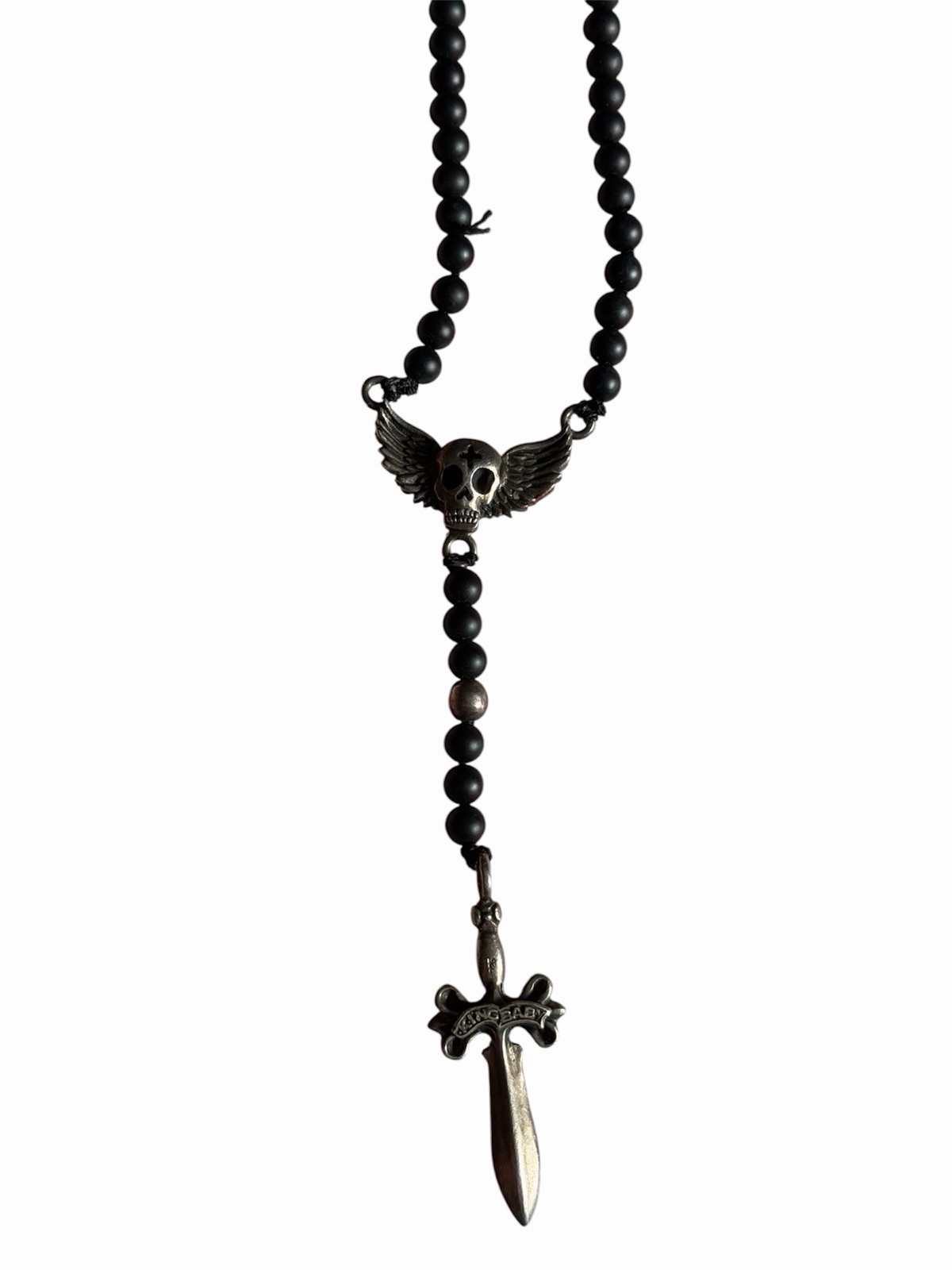 King Baby USA 925 Sterling Silver Skull Wing & Dagger Beaded Necklace