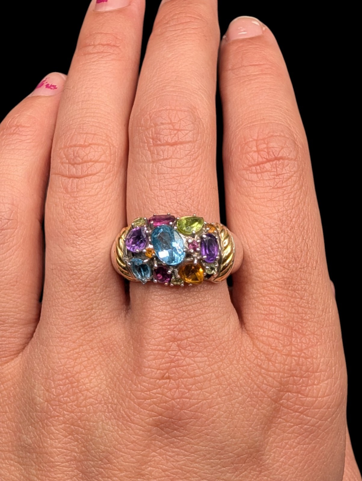EFFY Sterling Silver 925 Gold Accent Multi Gemstone Cluster Ring Size 8