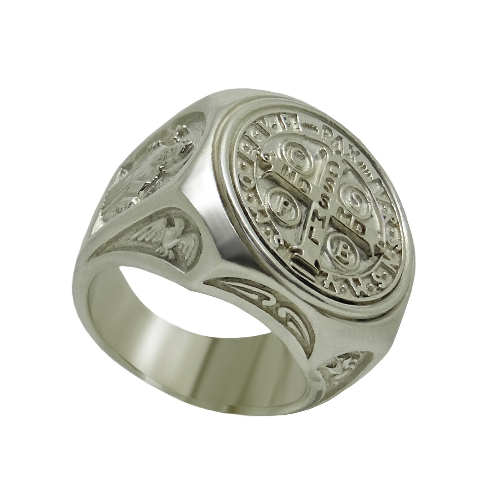 Saint Benedict Shiny Finish Silver 925 Catholic Men’s Ring Exorcism Cross