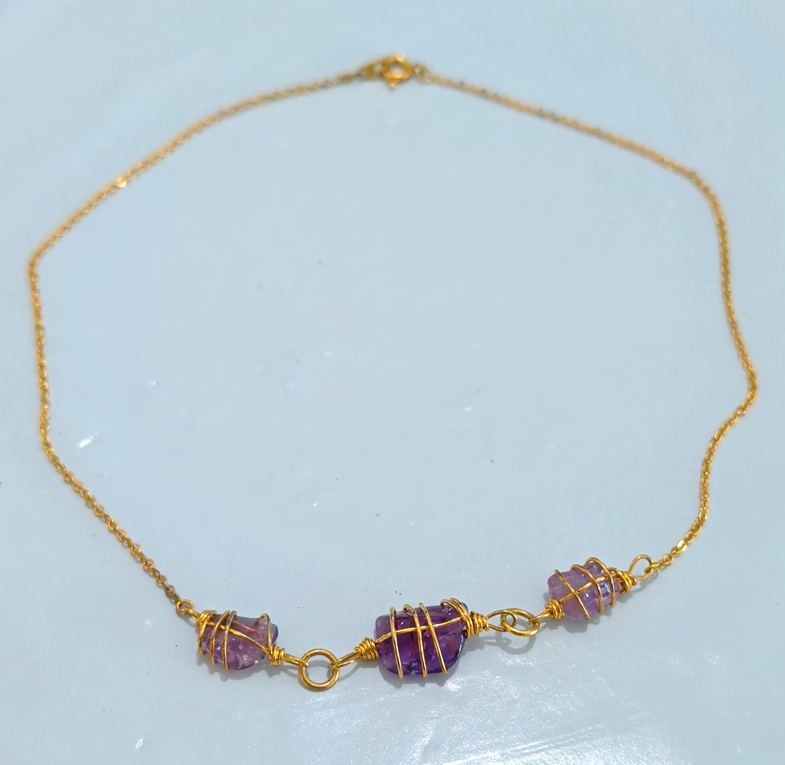 Gold Tone Cable Chain Necklace Wire Wrap Purple Amethyst Rondelle 3 Stone