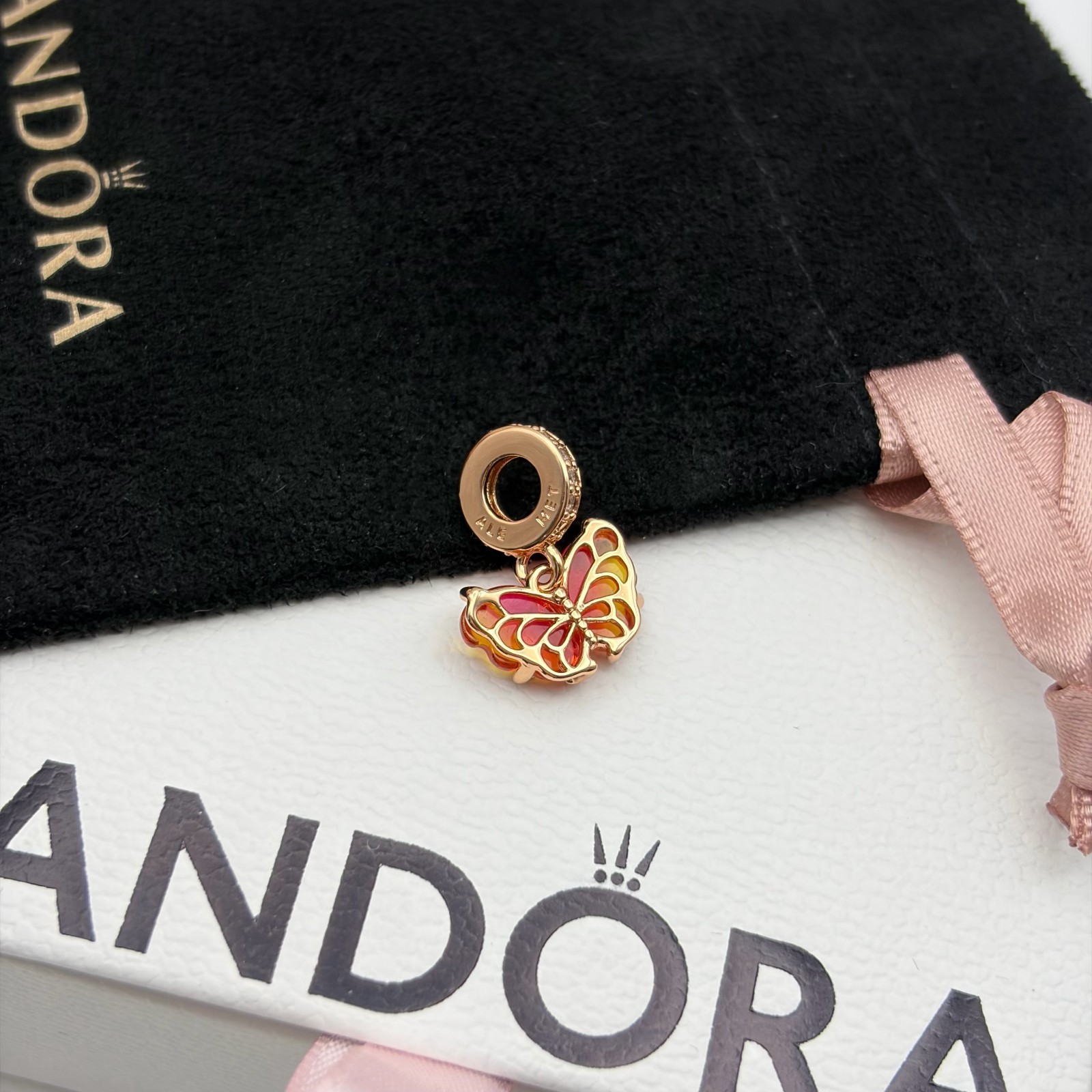 Pandora Pink and Yellow Murano Glass Butterfly Dangle 14K Rose Gold-Plated