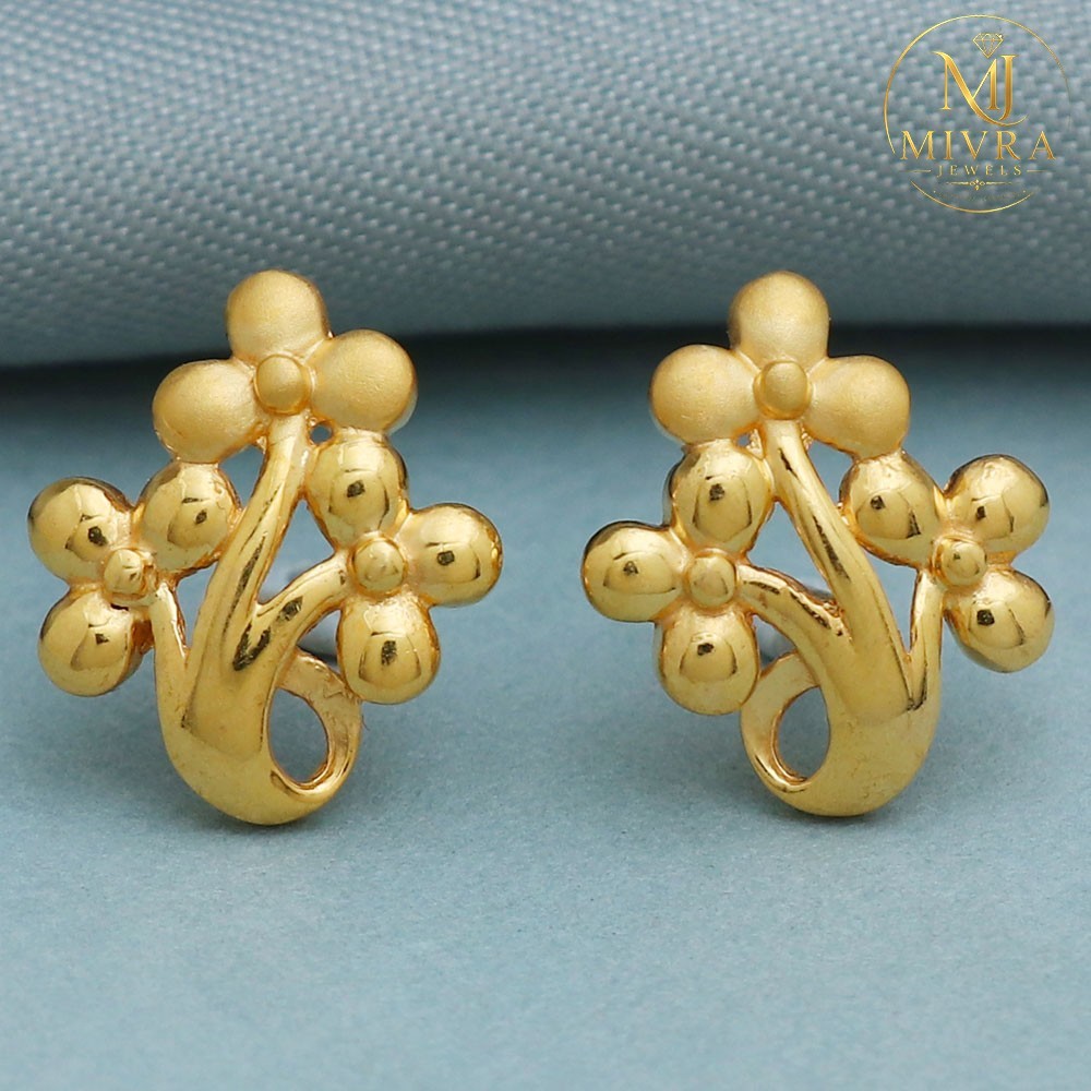 22K Gold Stud Earrings 1.4cm Seal Printed Daily Wear Housewarming Gift 3.4g