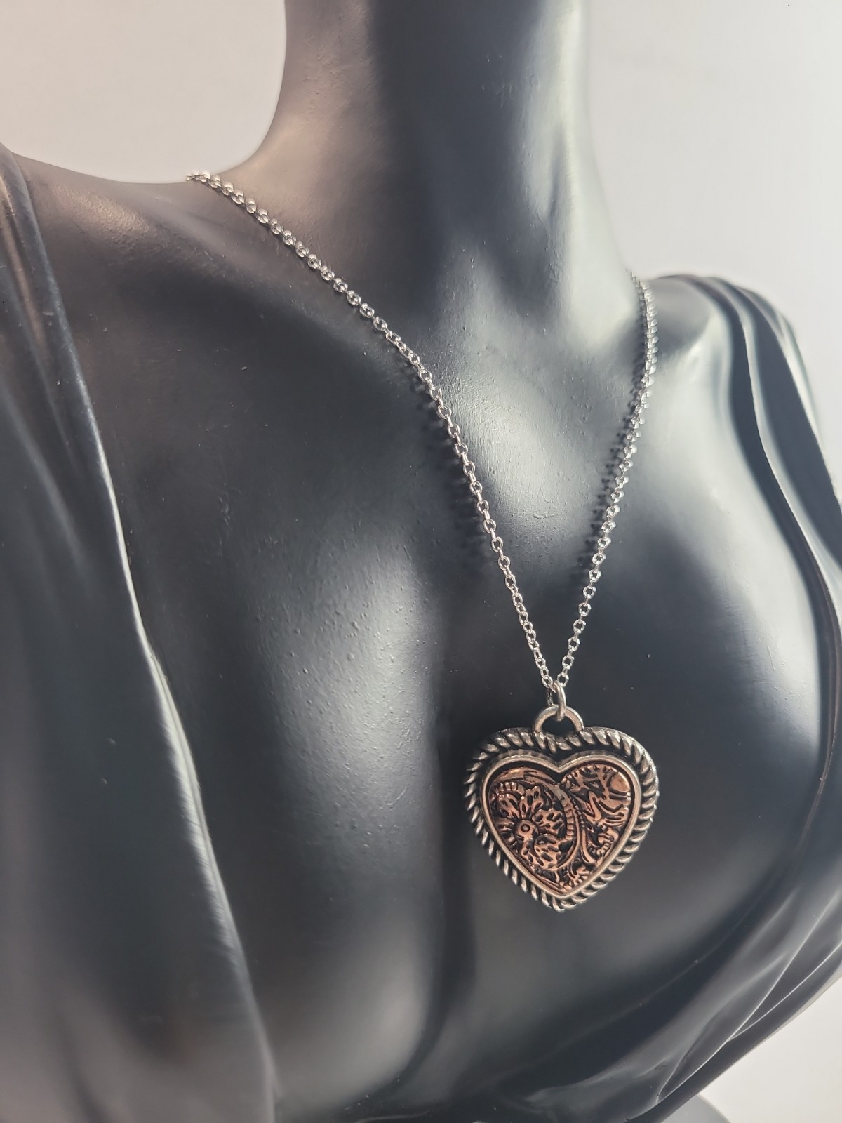Western Heart Pendant Necklace Silver Tone Copper Floral Scroll Country Jewelry