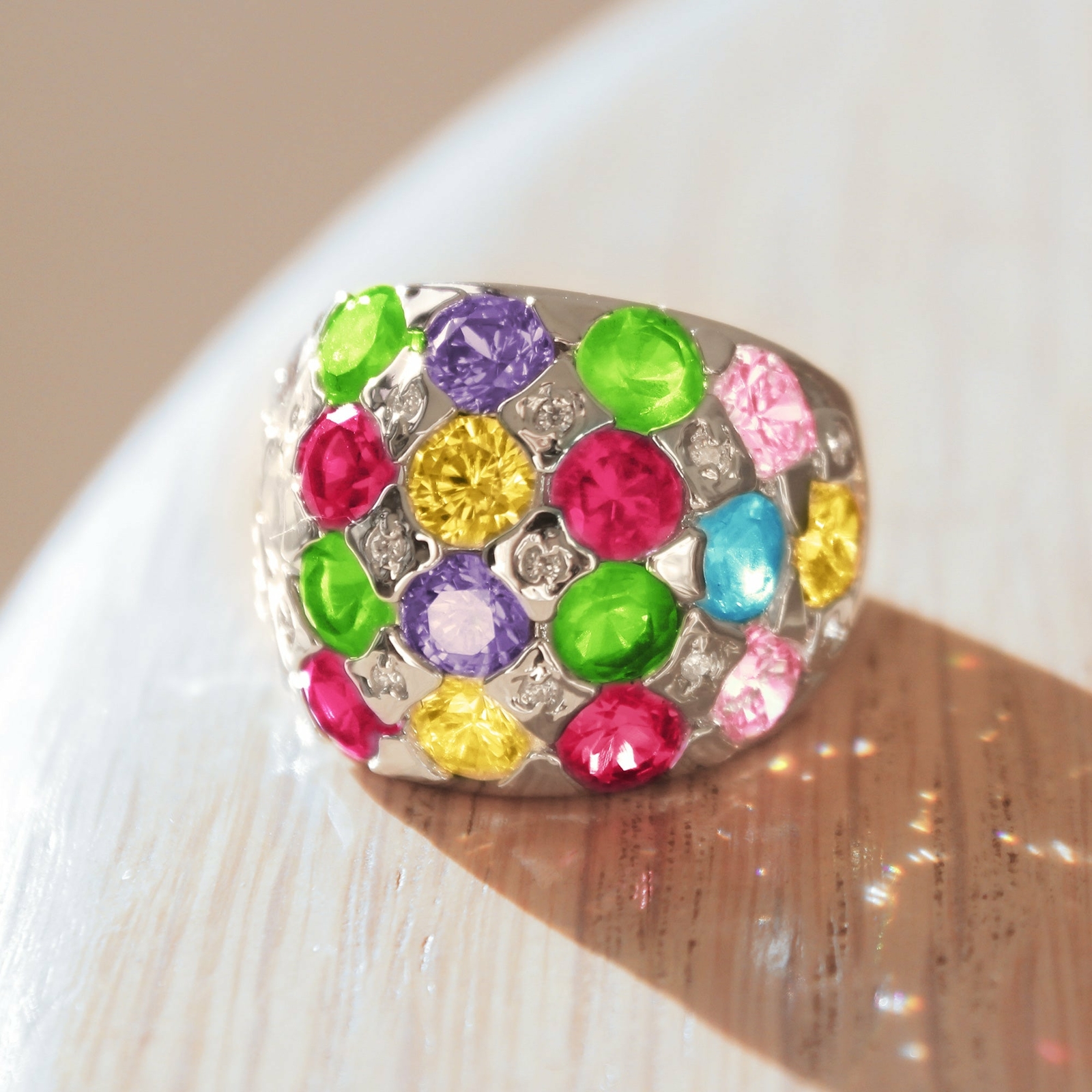 Leanna Cocktail Ring – Rhodium Brass, AAA CZ , Multi Color – 7X150