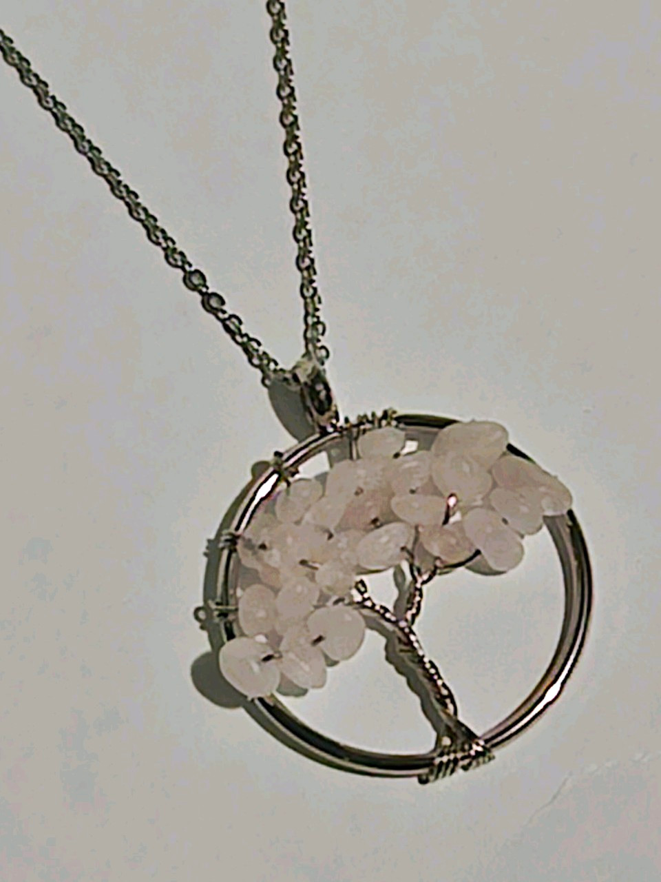 Rose Quartz Tree of Life Pendant Necklace Wire Wrapped Crystal Jewelry