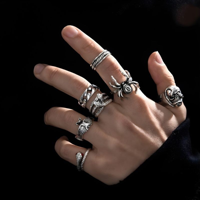 Men’s Silver Ring Set (7 Pieces) Gothic Rave Punk Silver Ring Set Y2K