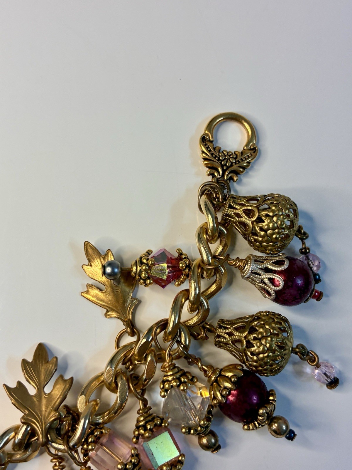 Gold Tone Cable Chain Charm Bracelet Toggle w/ Crystal Dangle Leaf Charms