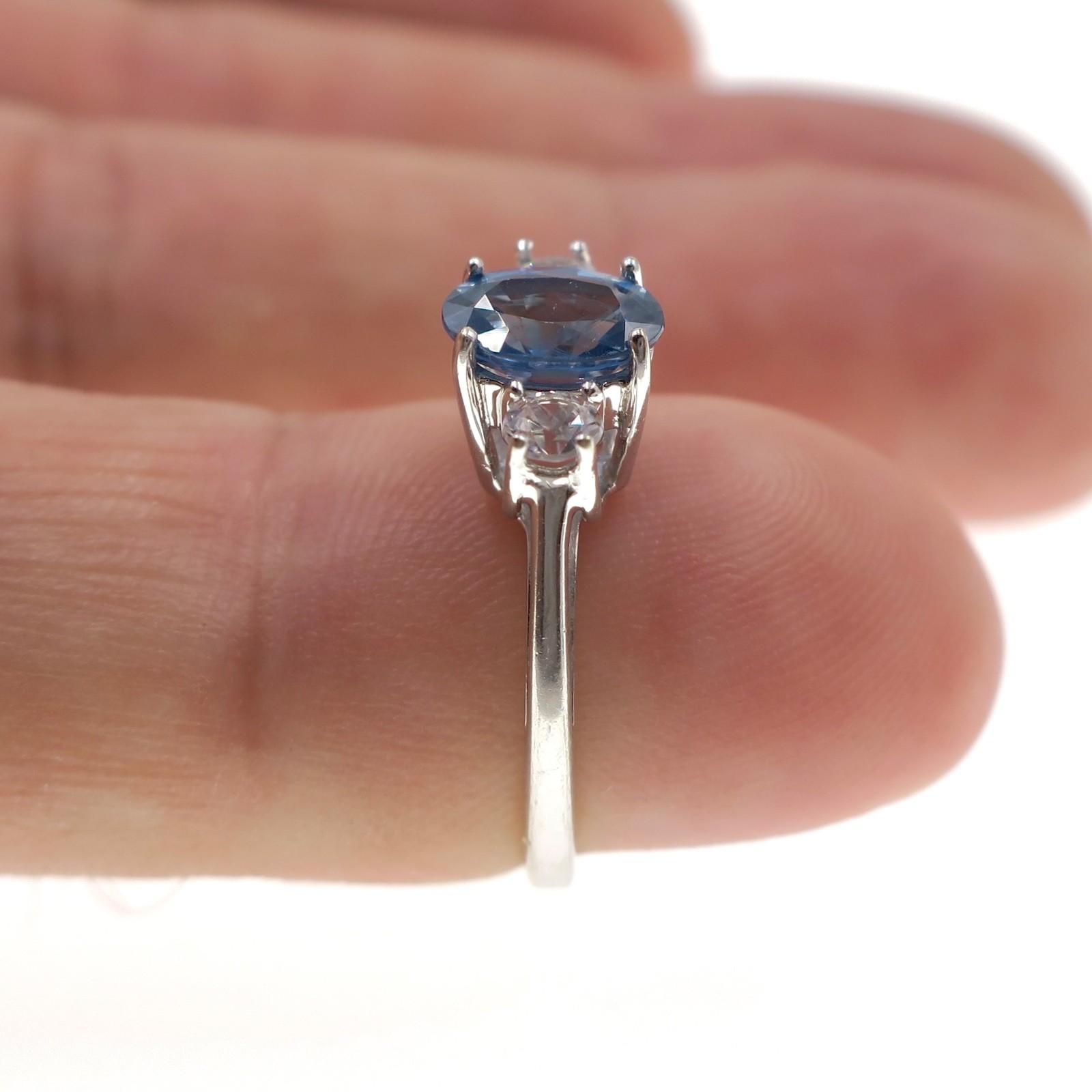 Petite 14k Solid White Gold Natural White an Blue Sapphire 3-Stone Ring Sz 4.75