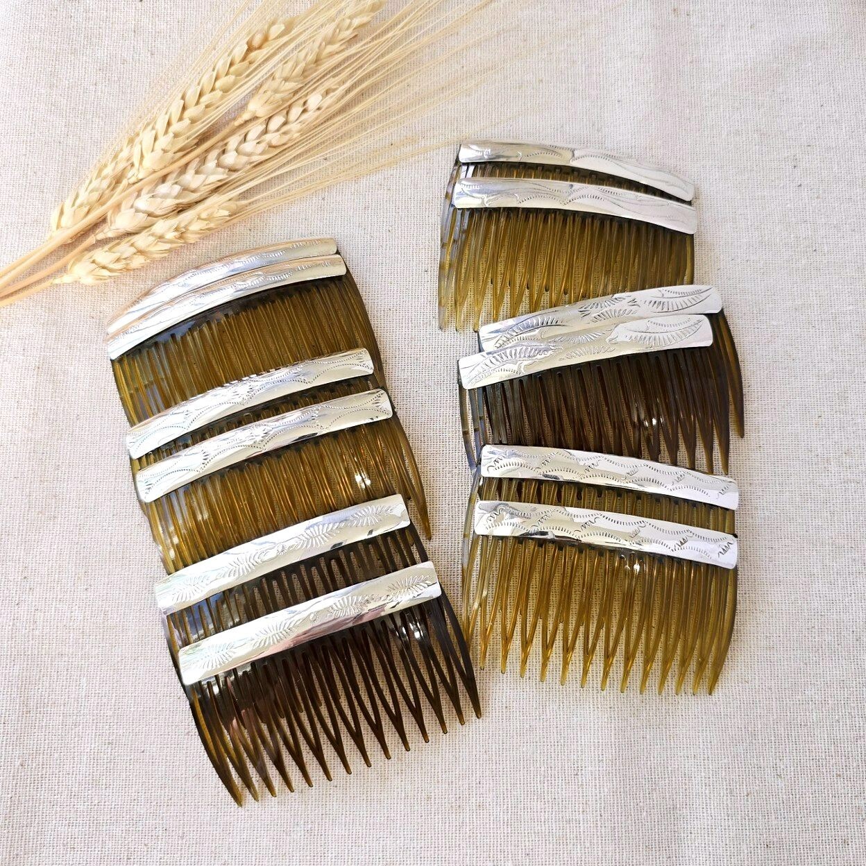 Pair of Native American Navajo Shiny Patterned Sterling Silver 2.75″ Hair Combs