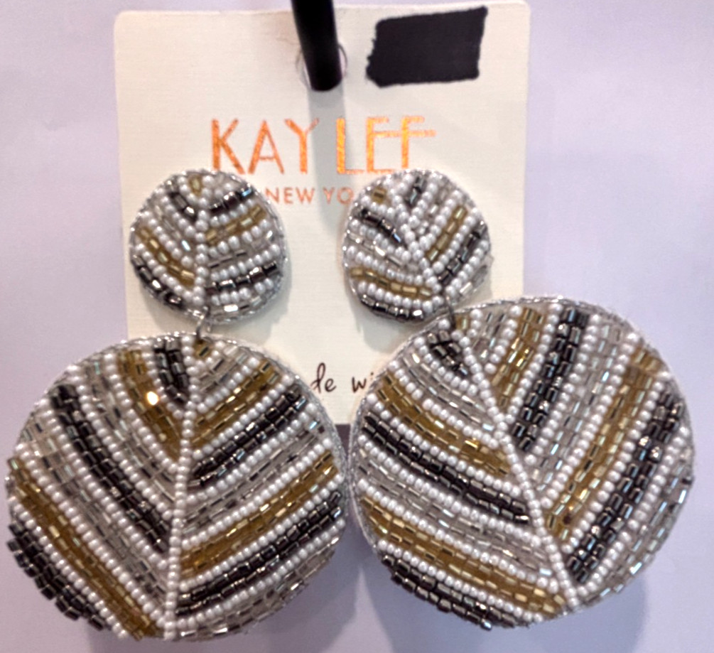 Kay Lee New York Beaded Statement Earrings Leaf Pattern Disk Silver Gold White