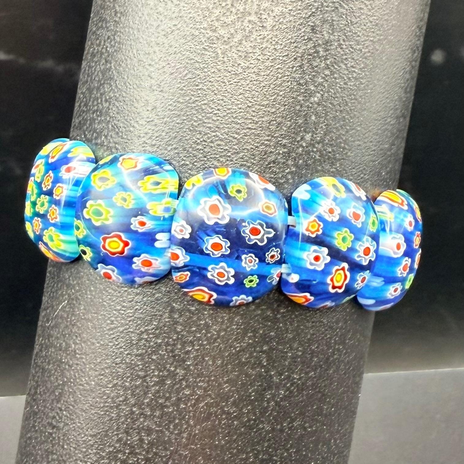 Millefiori Glass Stretch Bracelet Blue Floral Beads Vivid Colors 7″ Caned Glass