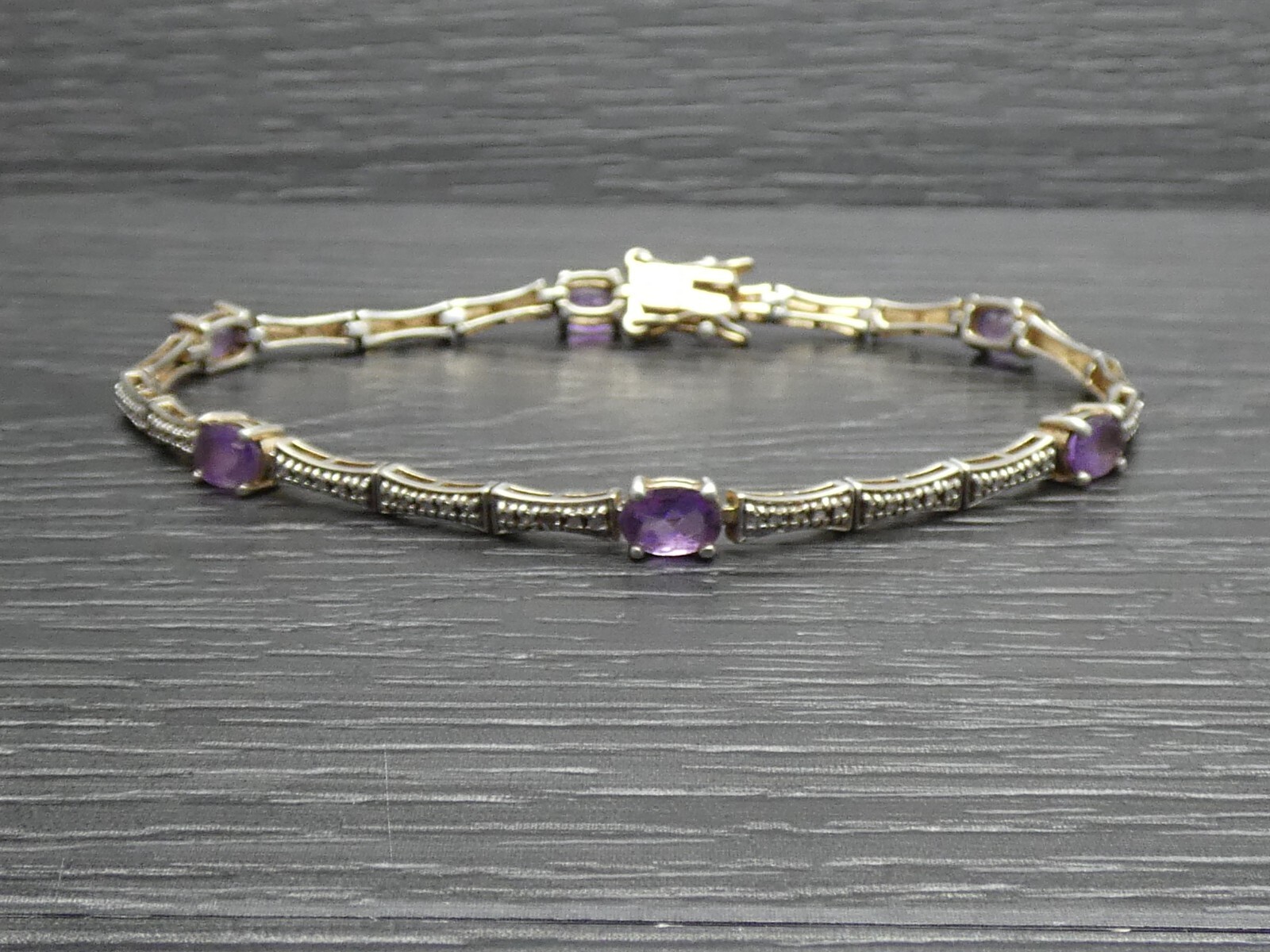 Sterling Silver Oval Purple Unique Bar Link Clasp Tennis Bracelet 7.5 inches