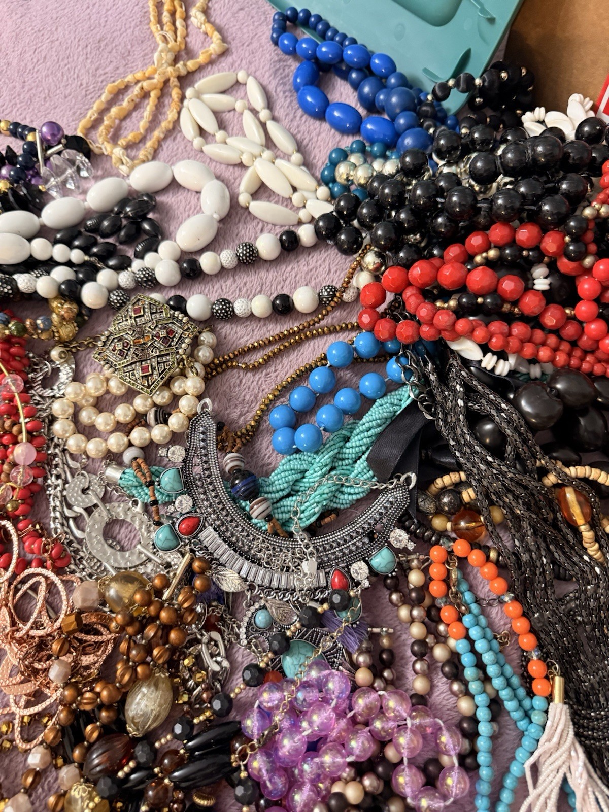50 Plus Necklaces.All wearable.Stones, Glass, Resin, Plastic,Shell. Lot 1.